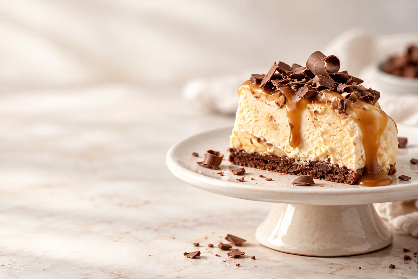 Porción de postre artesanal con crema, chocolate y caramelo